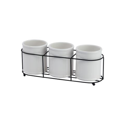 Farmhouse Ceramic Crocks in Metal Holder, White and Black