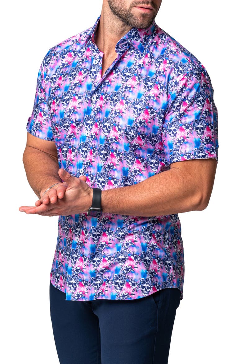 Galileo Flower Skull Regular Fit Short Sleeve Button-Up Shirt, Alternate, color, PINK