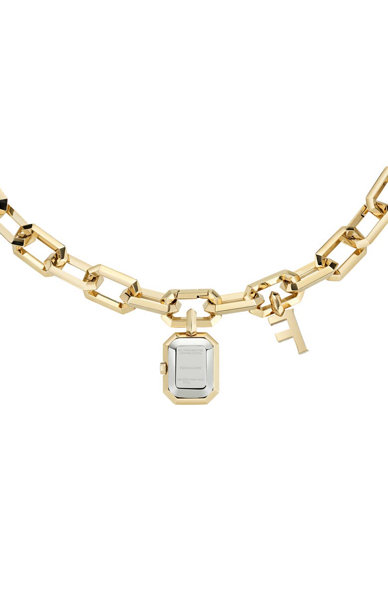FERRAGAMO 'F' Charm Bracelet Watch, 16mm x 21mm, Alternate, color, Ip Yellow Gold