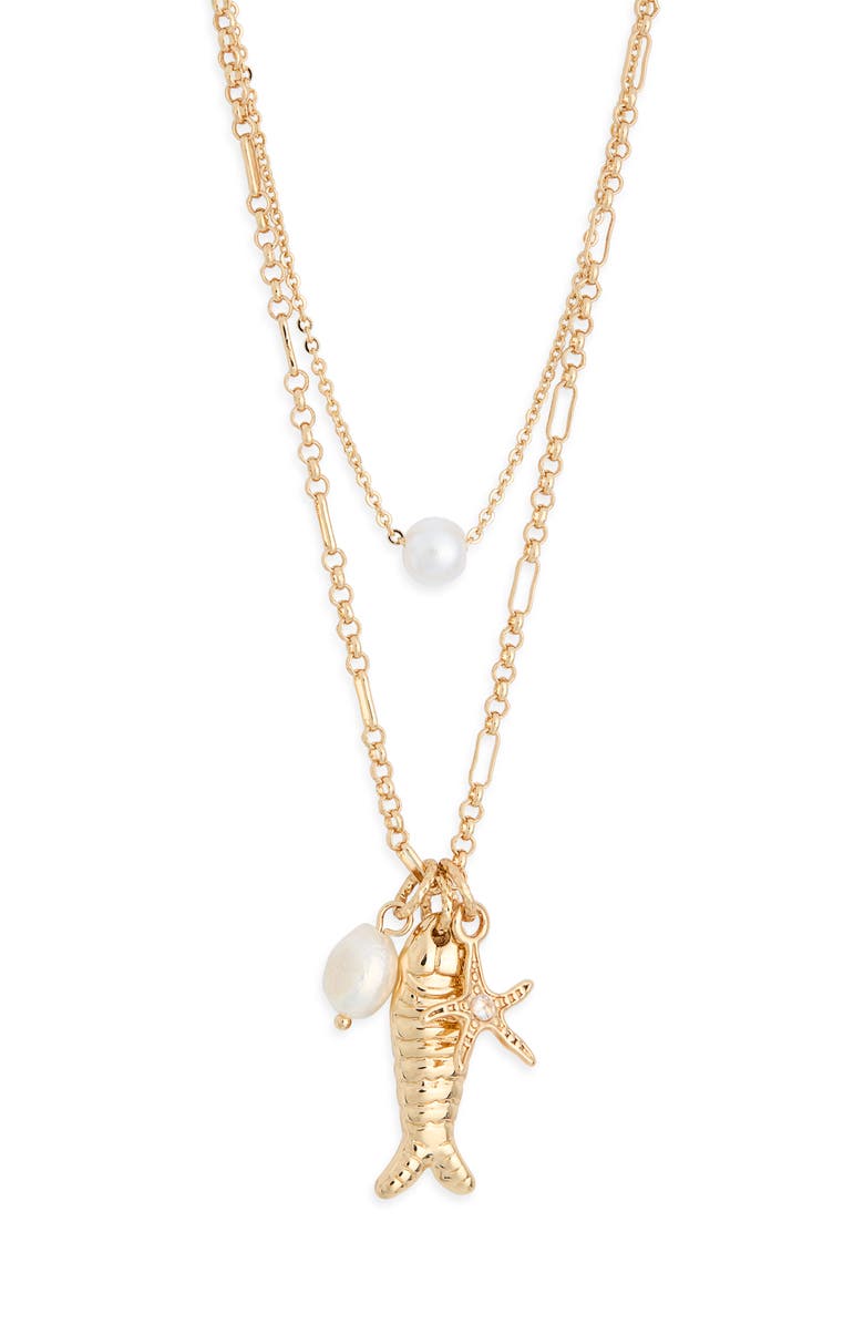 Leith Set of 2 Freshwater Pearl & Fish Charm Necklaces, Alternate, color, White- Gold