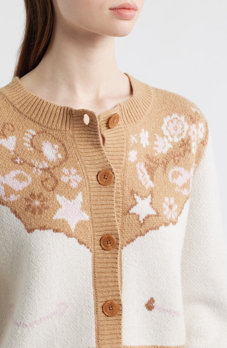 LoveShackFancy Leyah Jacquard Detail Wool Blend Cardigan, Alternate, color, Prairie Sand