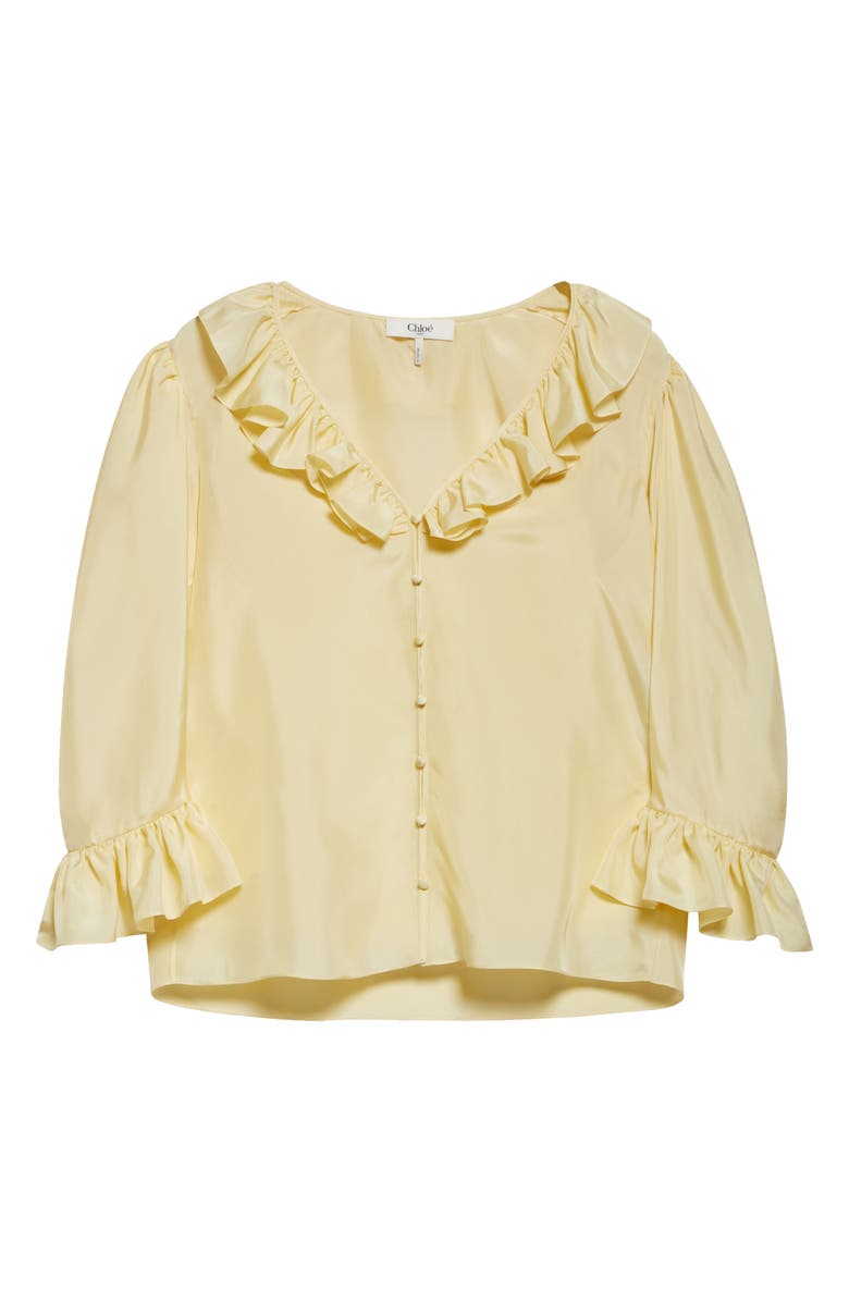 Chloé Ruffle Balloon Sleeve Silk Button-Up Shirt, Alternate, color, Powder Yellow