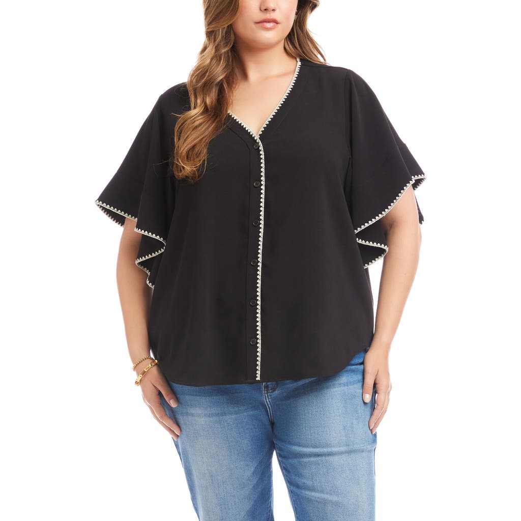 Karen Kane Edge Stitch Flutter Sleeve Top In Black