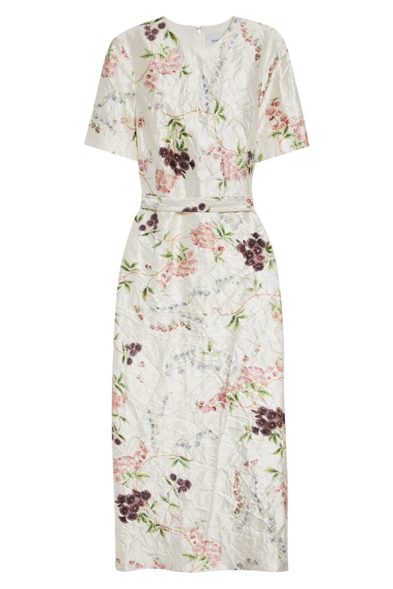 Floral Print Textured Satin Midi Pencil Dress, Alternate, color, FRENCH CHINTZ MULTI WHITE