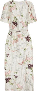 Erdem Floral Print Textured Satin Midi Pencil Dress