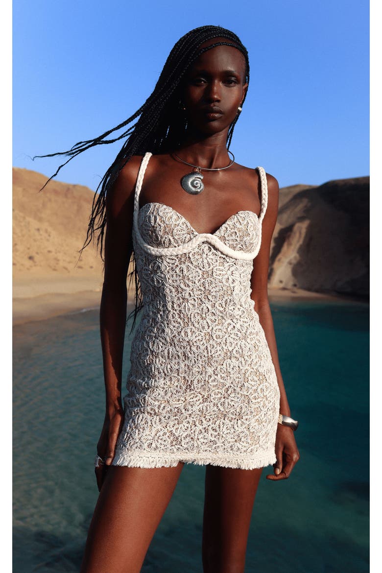 Taliyah Braided-Strap Chunky Lace Mini Dress, Alternate, color, Cream