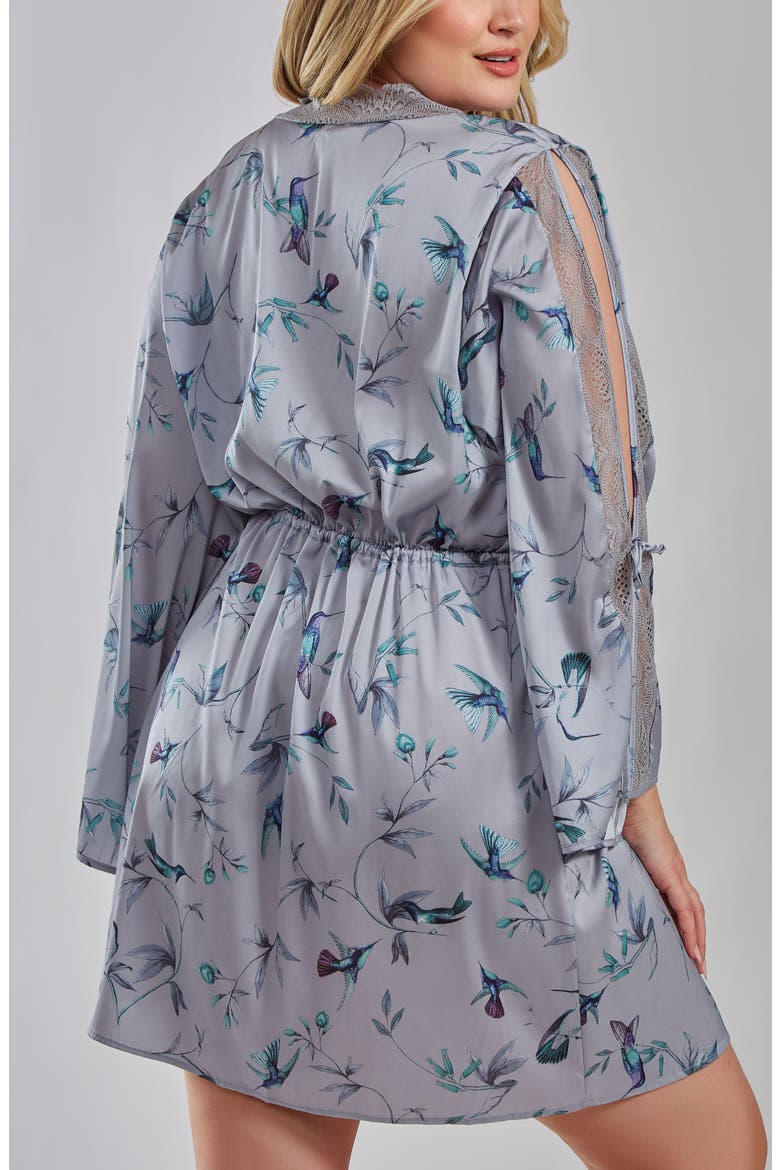 Hummingbird Print Cold Shoulder Lace Trim Satin Robe, Alternate, color, GRAY