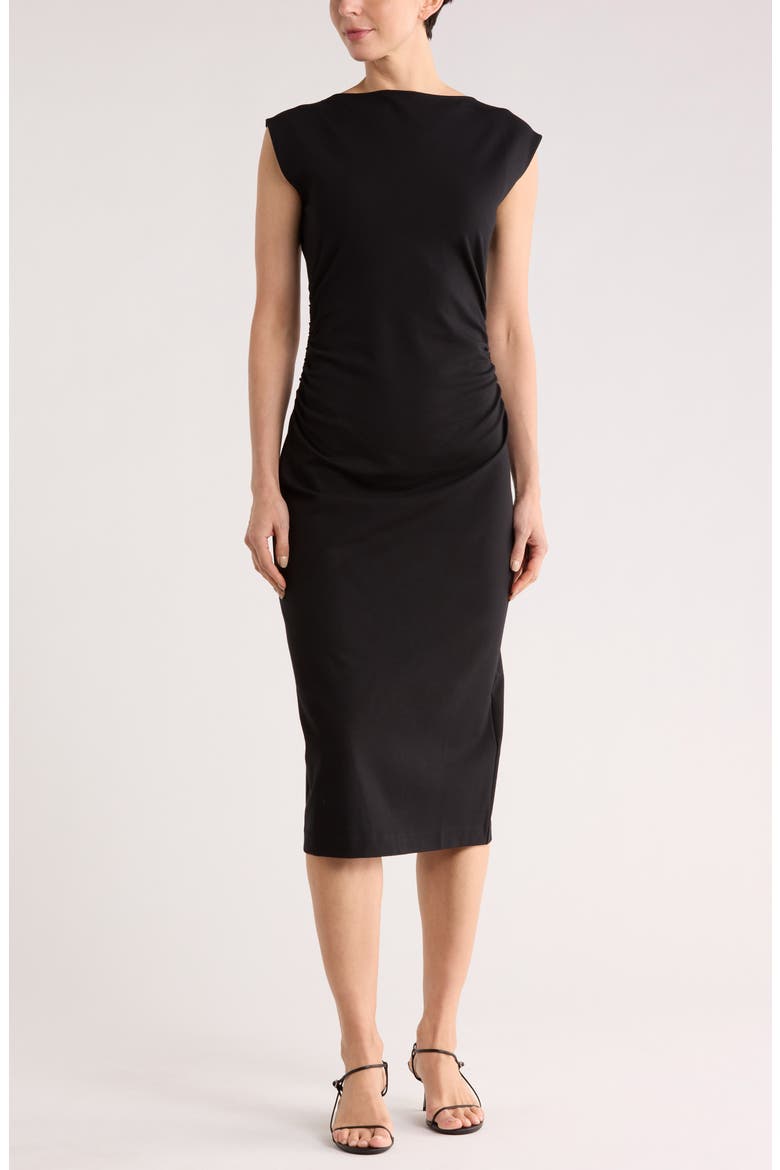 Ruched High Neck Ponte Dress, Main, color, BLACK