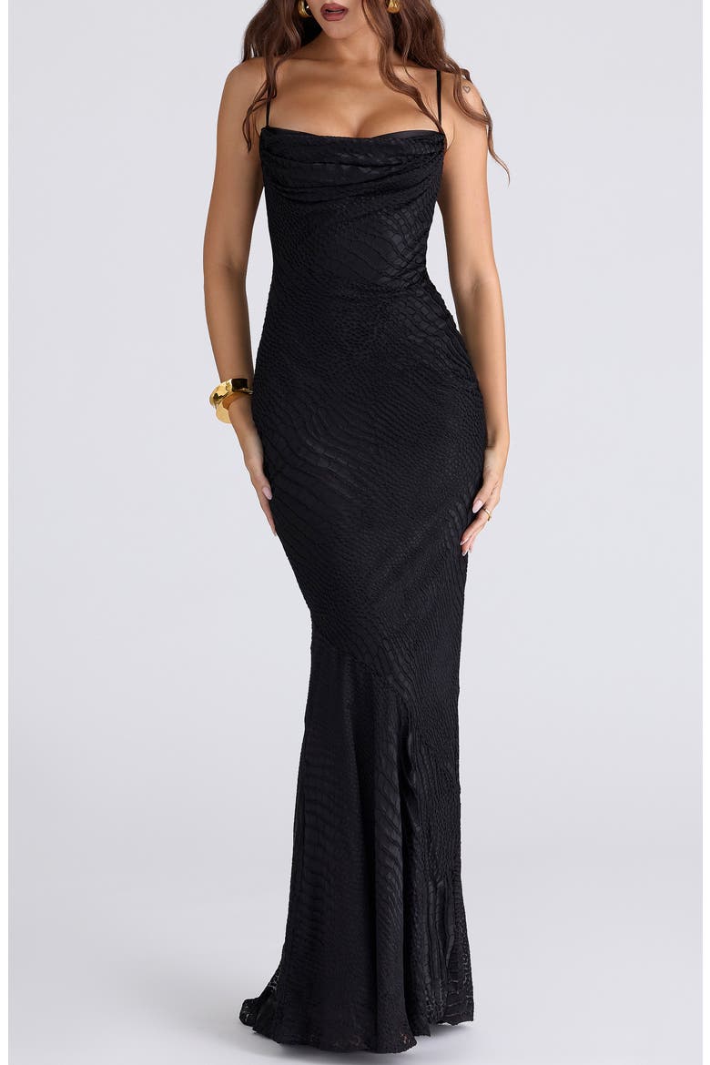 Nalani Satin Burnout Gown, Alternate, color, BLACK