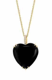 14K Yellow Gold Diamond Onyx Heart Pendant Necklace - 0.4 ctw.