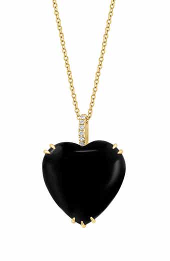14K Yellow Gold Diamond Onyx Heart Pendant Necklace - 0.4 ctw.