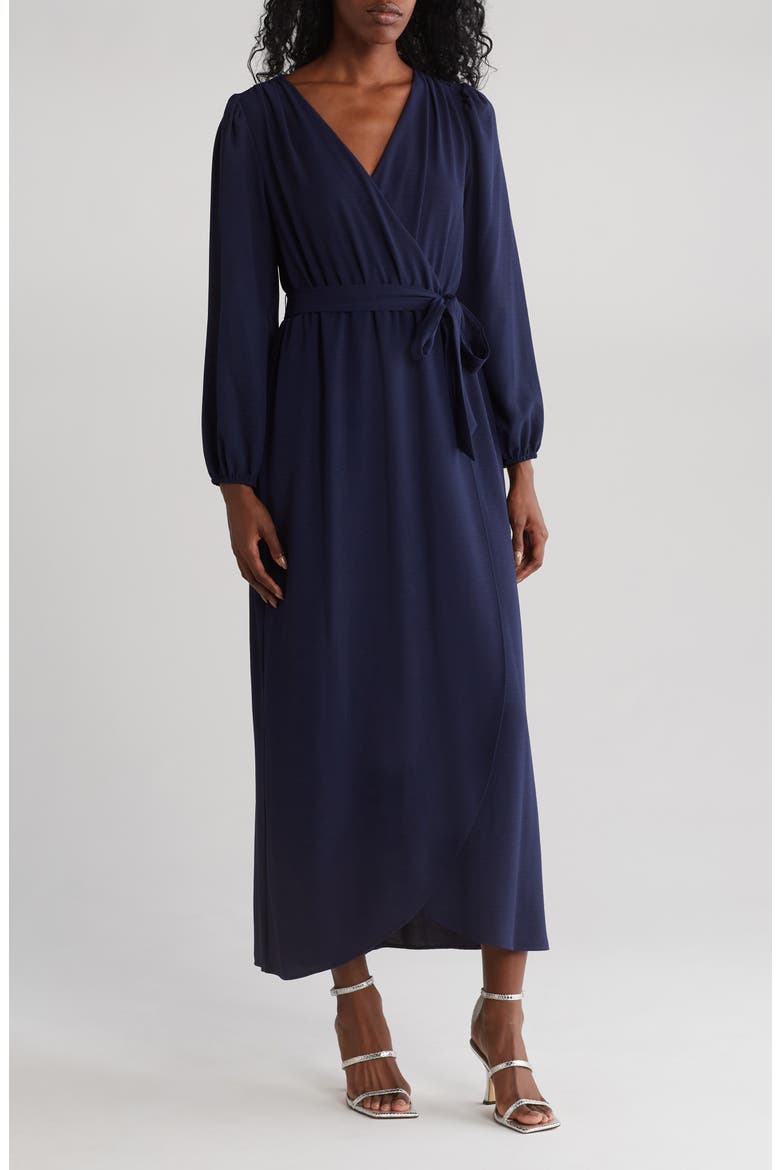Faux Wrap Long Sleeve Maxi Dress, Main, color, NAVY