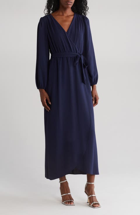 Faux Wrap Long Sleeve Maxi Dress