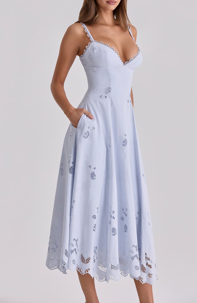 HOUSE OF CB Tatiana Bluebell Broderie Midi Dress, Alternate, color, Bluebell
