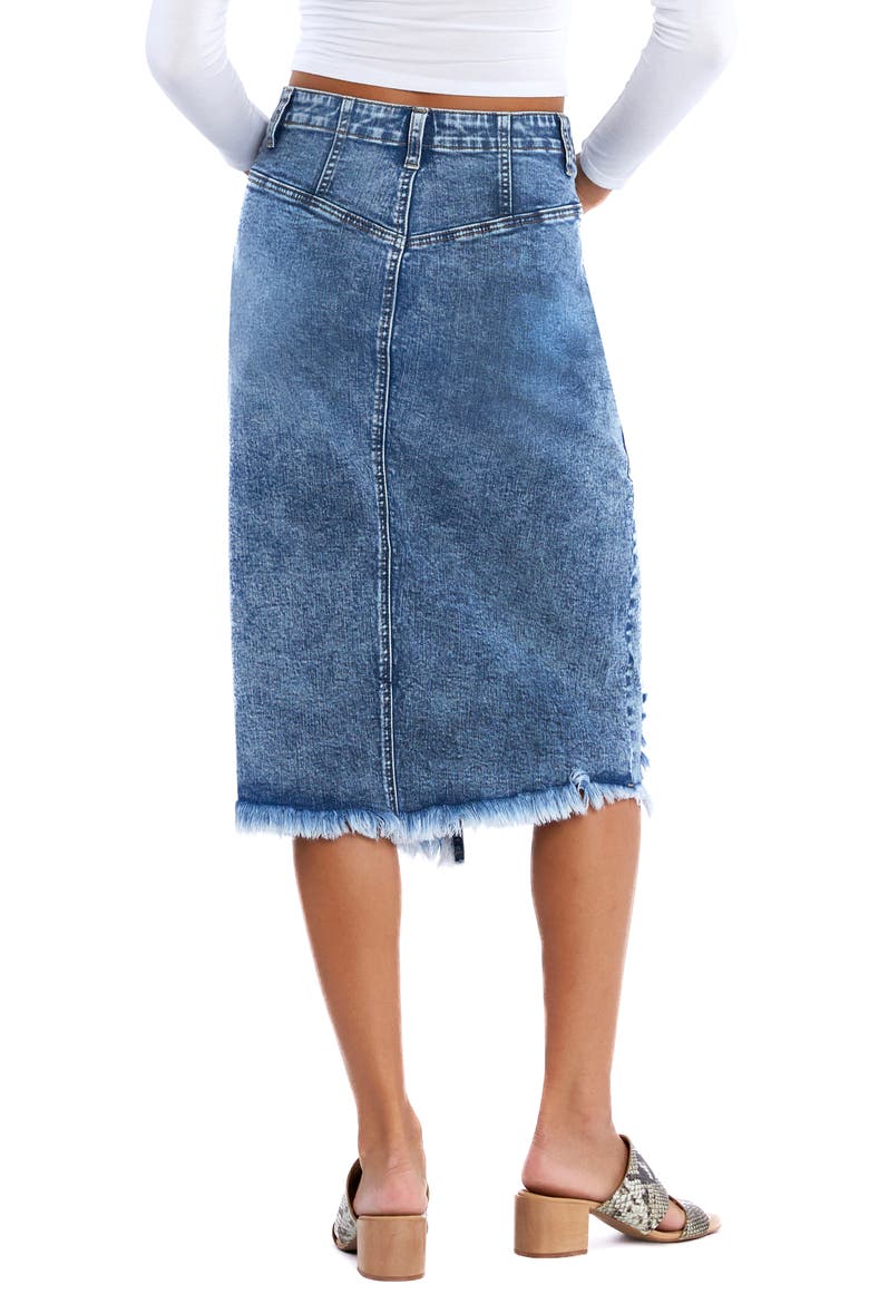 Loaded Crossover Waistband Raw Hem Midi Denim Skirt, Alternate, color, LOADED BLUE