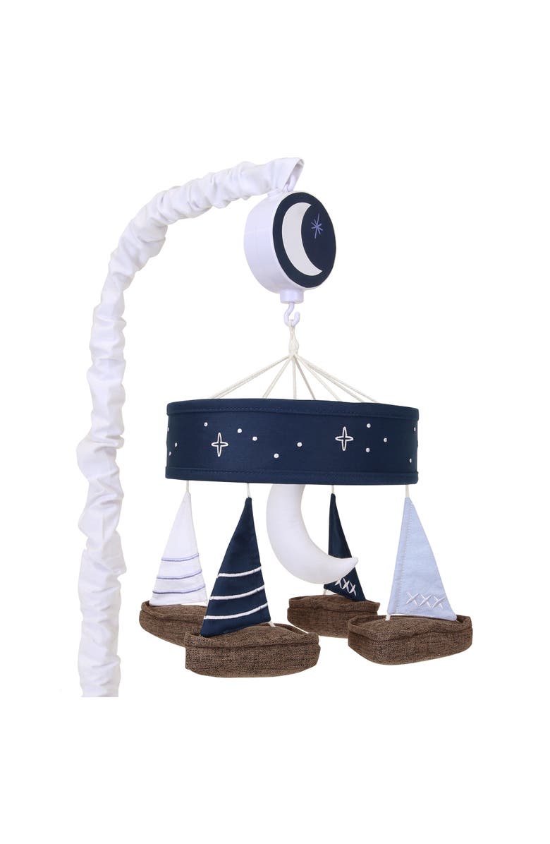 Lambs & Ivy Little Skipper Sailboat & Moon Musical Baby Crib Mobile Soother Toy, Main, color, Blue