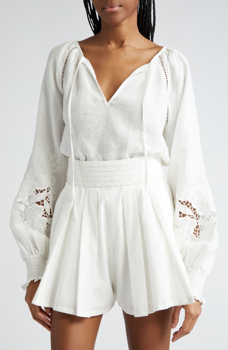 Ramy Brook Flora Long Sleeve Linen Top, Alternate, color, White Embroidered Bo