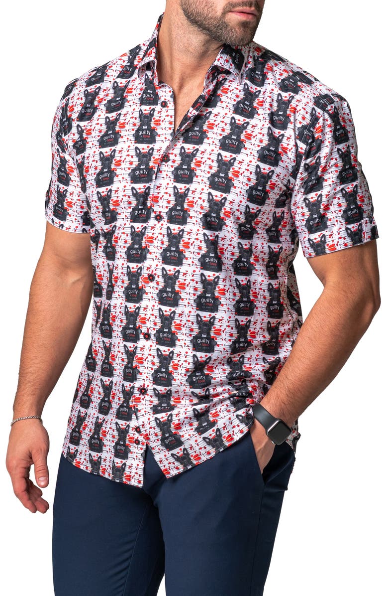 Maceoo Galileo Guilty Dog Regular Fit Short Sleeve Button-Up Shirt, Alternate, color, White