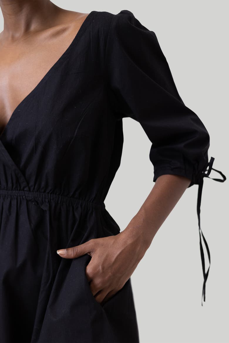 Gathered Elbow Sleeve Short Dress, Alternate, color, Black