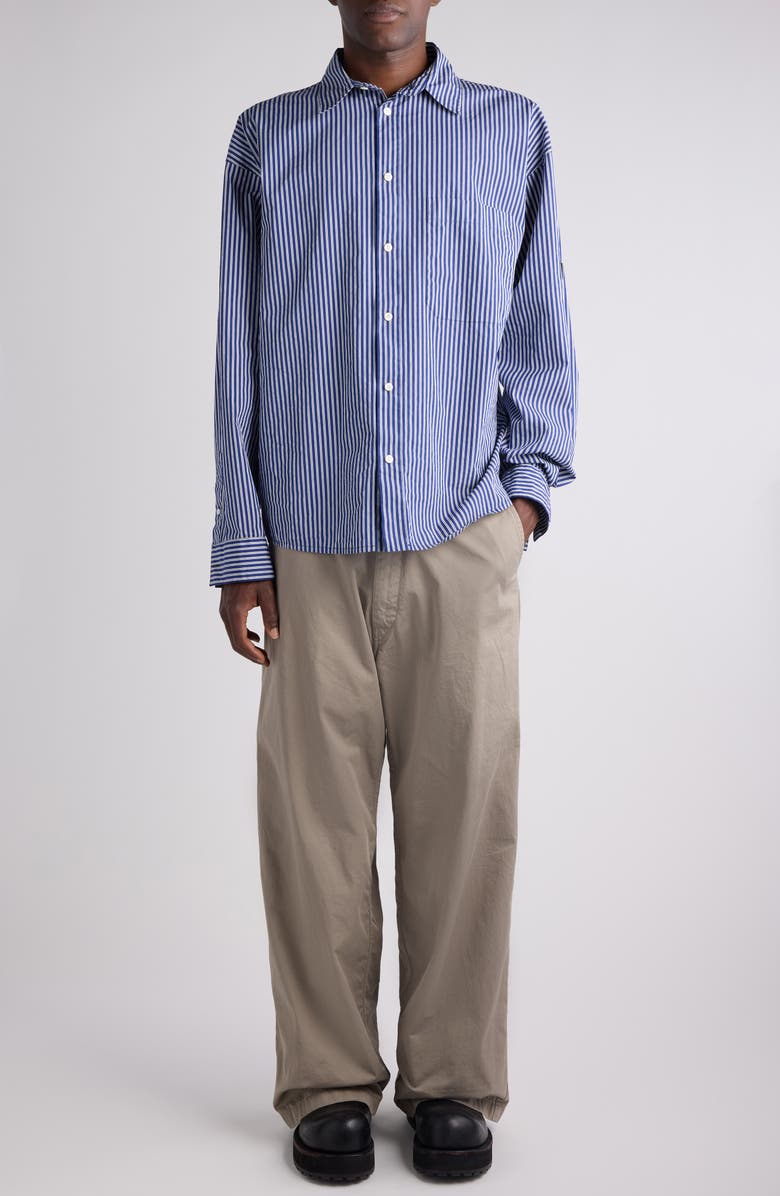 Balenciaga Oversize Stripe Cotton Blend Button-Up Shirt, Alternate, color, Navy/ White