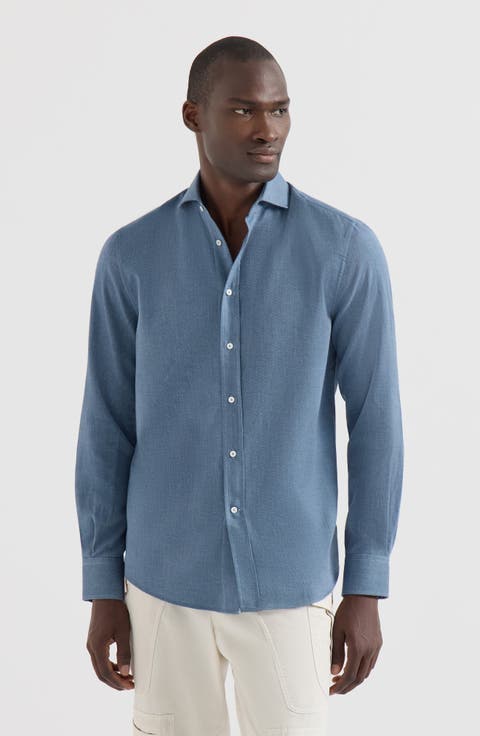 Cotton and cashmere denim-effect diagonal shirt with spread collar