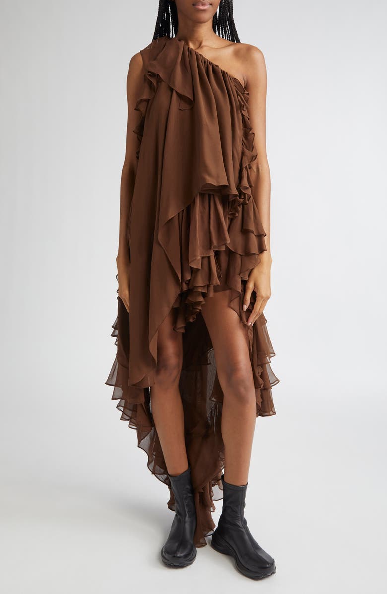 Collina Strada Violet Tiered Ruffle One-Shoulder Silk Chiffon Dress, Main, color, 