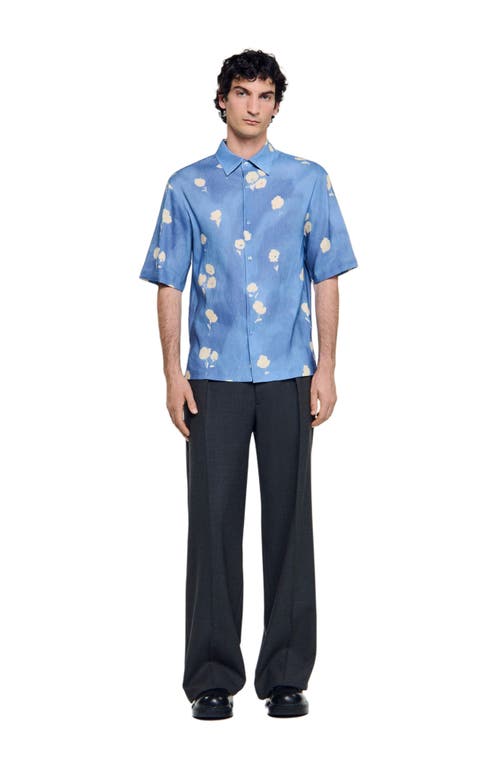 Sandro Mens Blue Office Floral-print Regular-fit Stretch Linen-blend Shirt In Blue