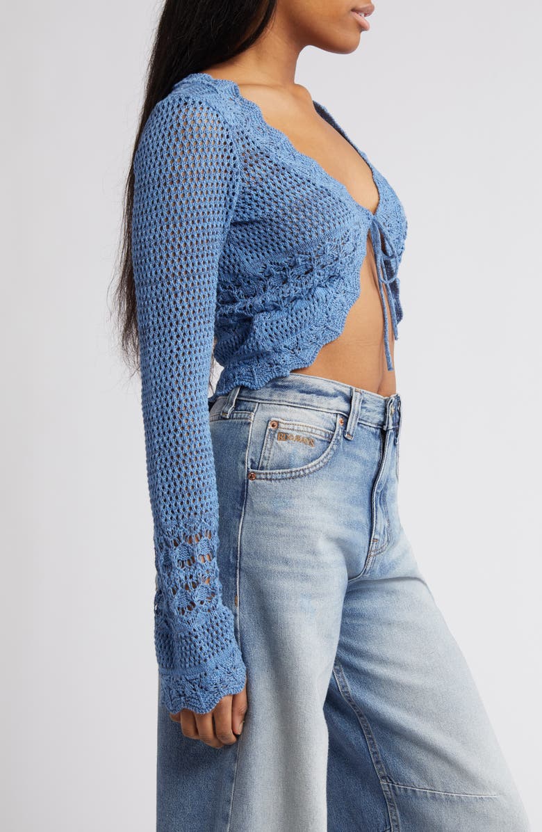 BDG Urban Outfitters Open Stitch Tie Front Crop Cardigan, Alternate, color, Acid Blue