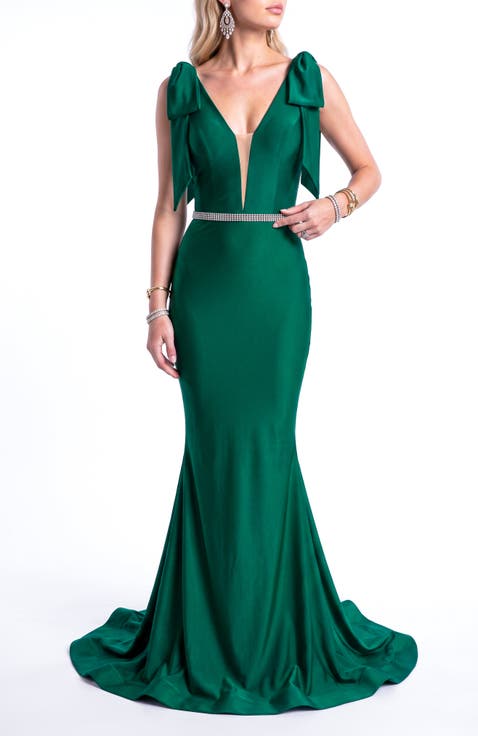 Bow Shoulder Plunge Mermaid Evening Gown