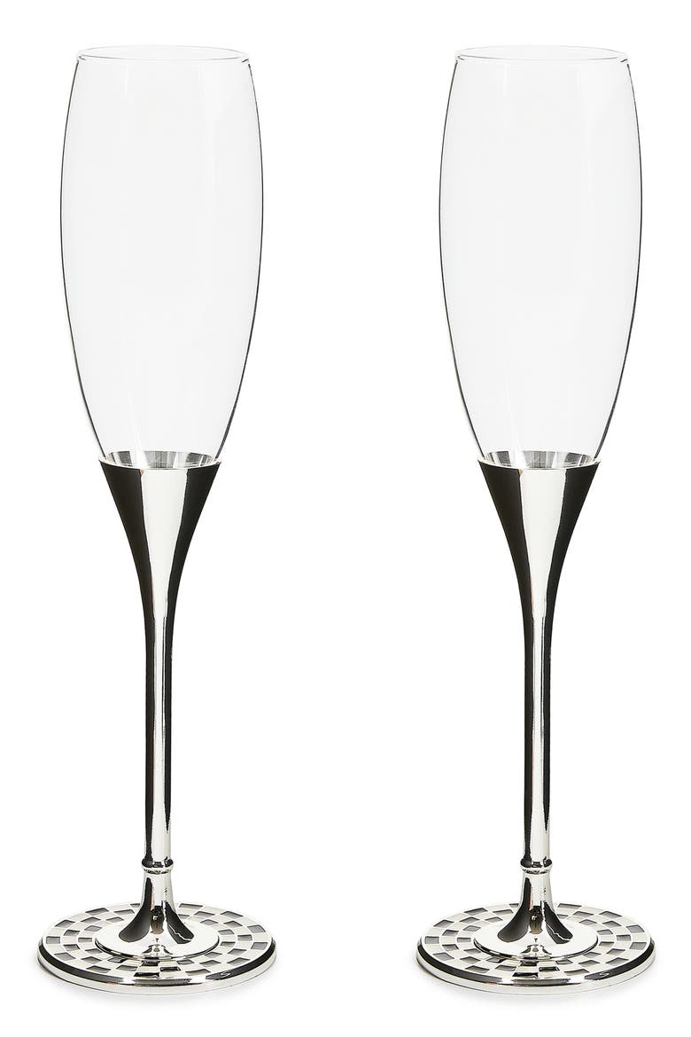 Set of 2 Celebrate Courtly Check Toasting Champagne Flutes, Main, color, SILVER