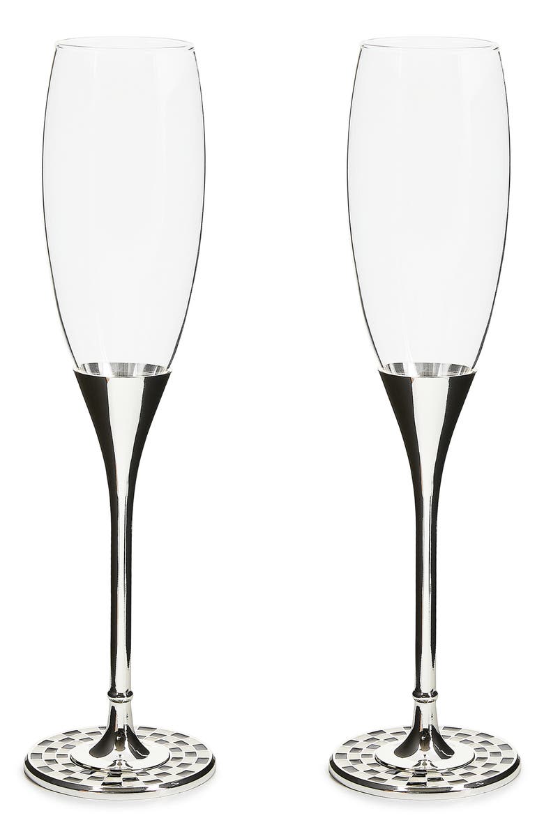 MACKENZIE CHILDS Set of 2 Celebrate Courtly Check Toasting Champagne Flutes, Main, color, Silver