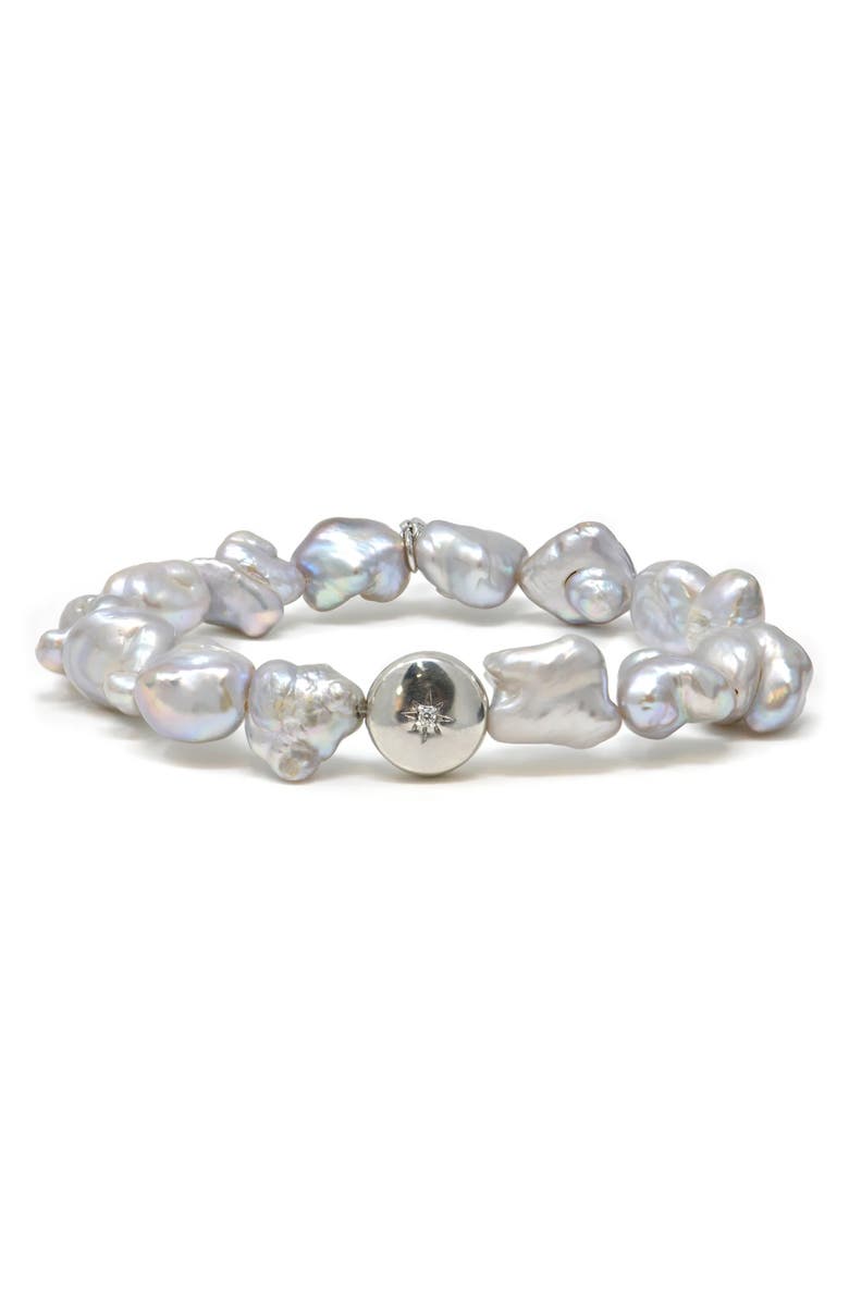 Anzie Boheme Grey Baroque Pearl Stretch Bracelet, Main, color, Silver