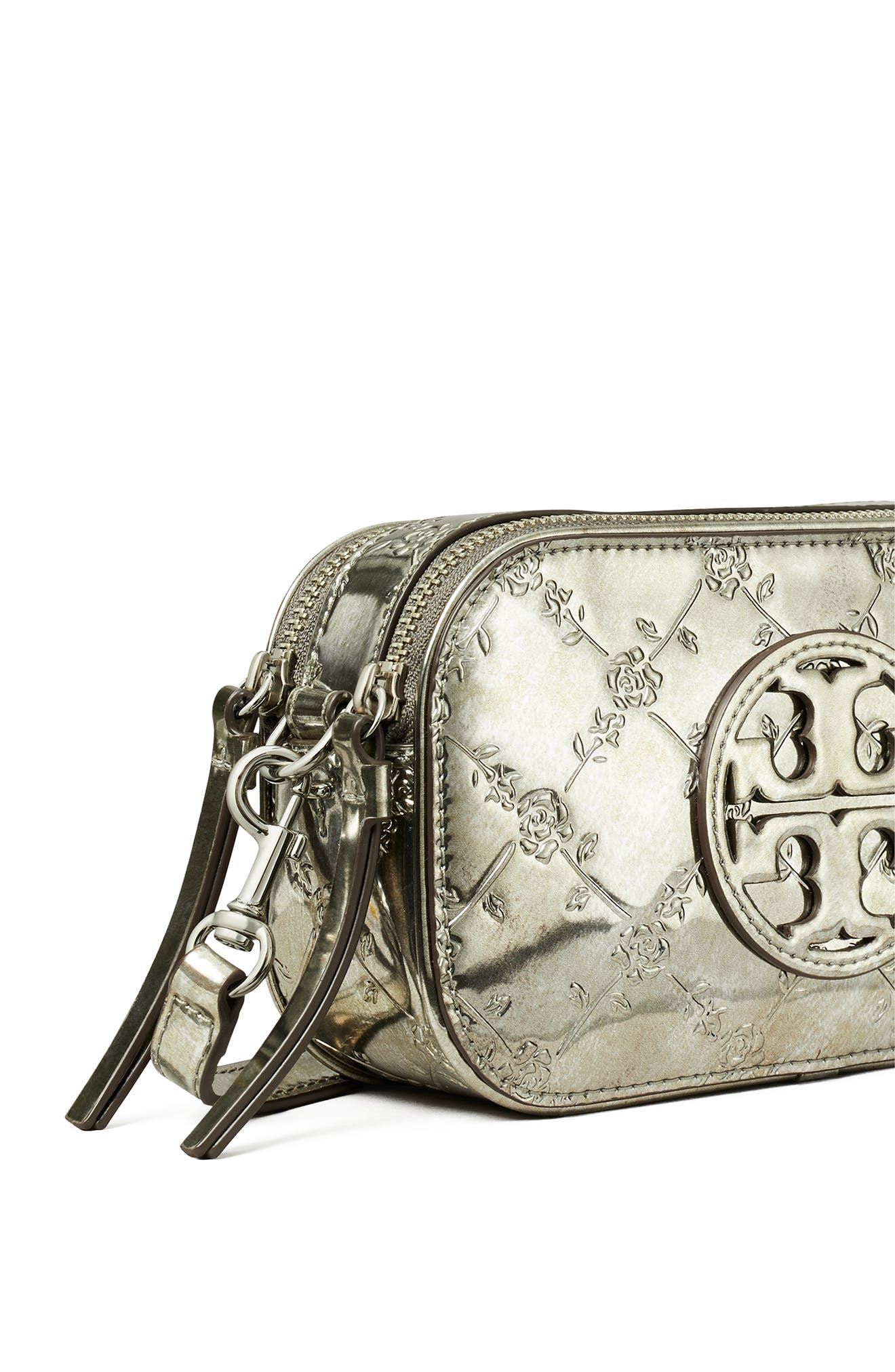 Tory Burch Mini Miller Embossed Floral Metallic Leather Crossbody Bag, Alternate, color, 