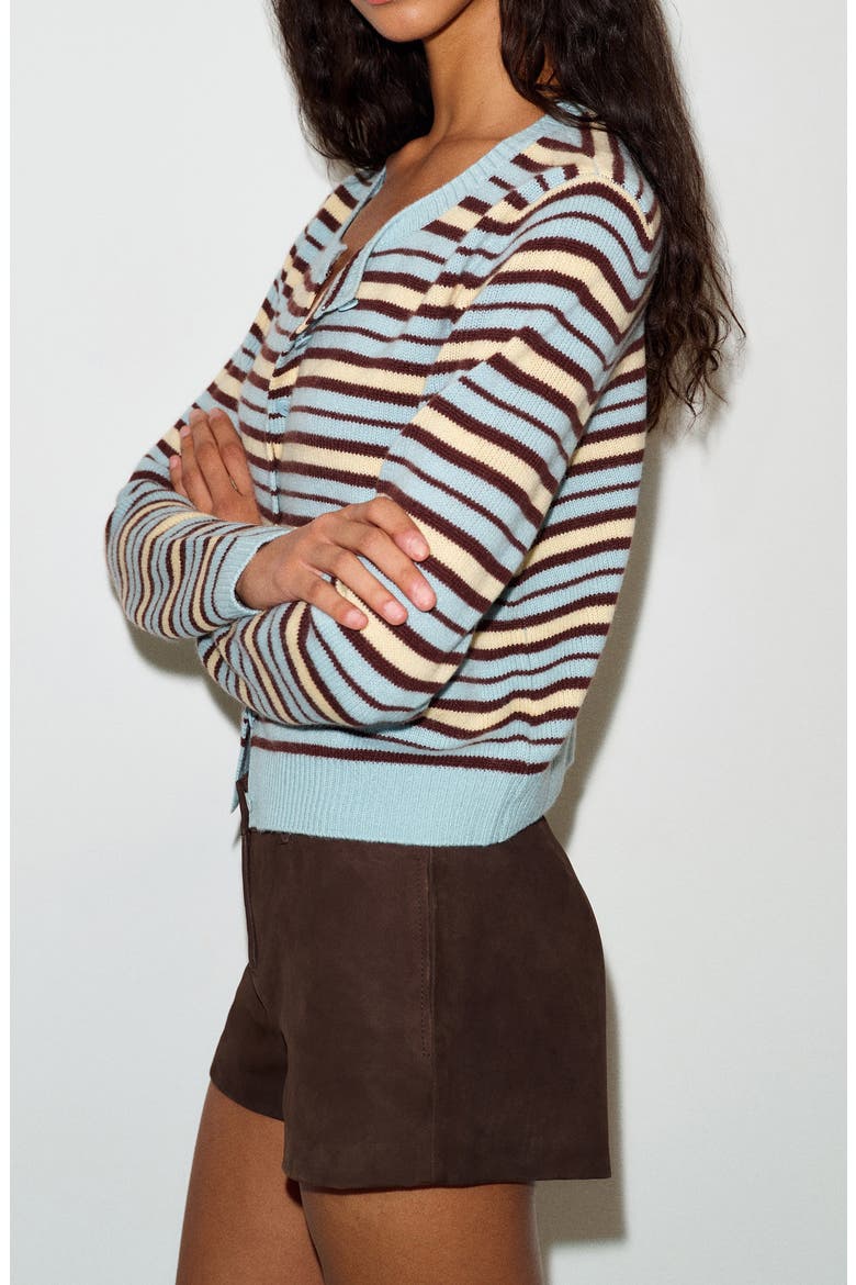 Clara Cashmere Crew Cardigan, Alternate, color, TURQUOISE MULTI STRIPE