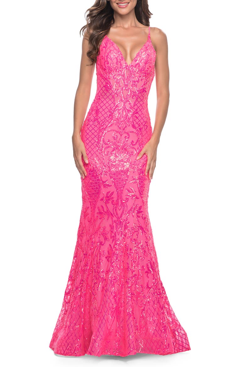 Neon Mermaid Print Sequin Dress with Lace Up Open Back, Alternate, color, Neon Pink
