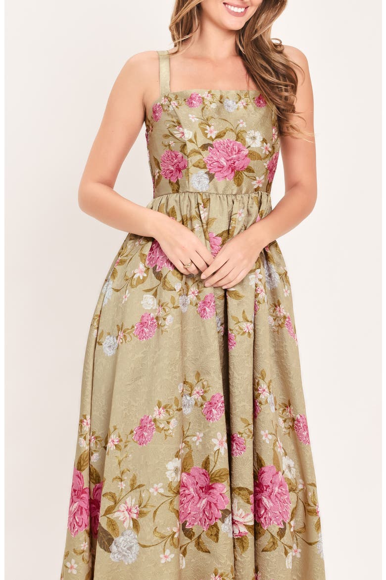 Floral Jacquard Fit & Flare Midi Dress, Alternate, color, TAN