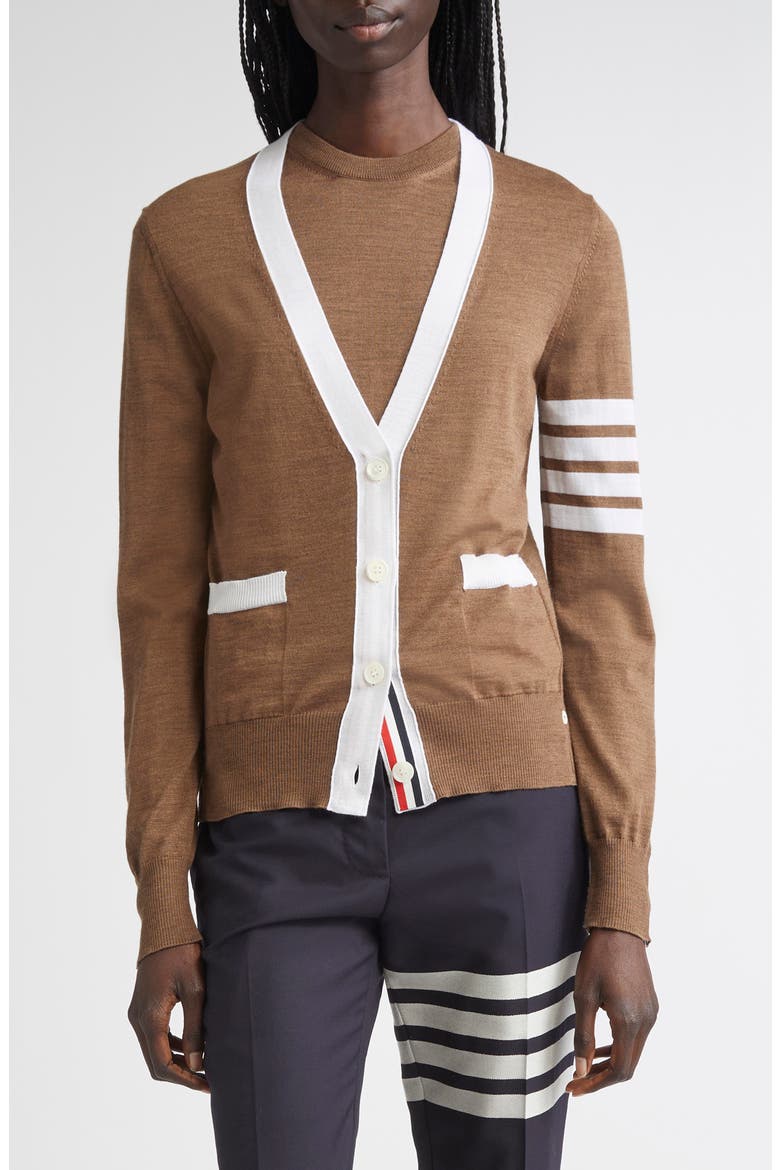 4-Bar Relaxed Fit V-Neck Virgin Wool Cardigan, Main, color, WALNUT