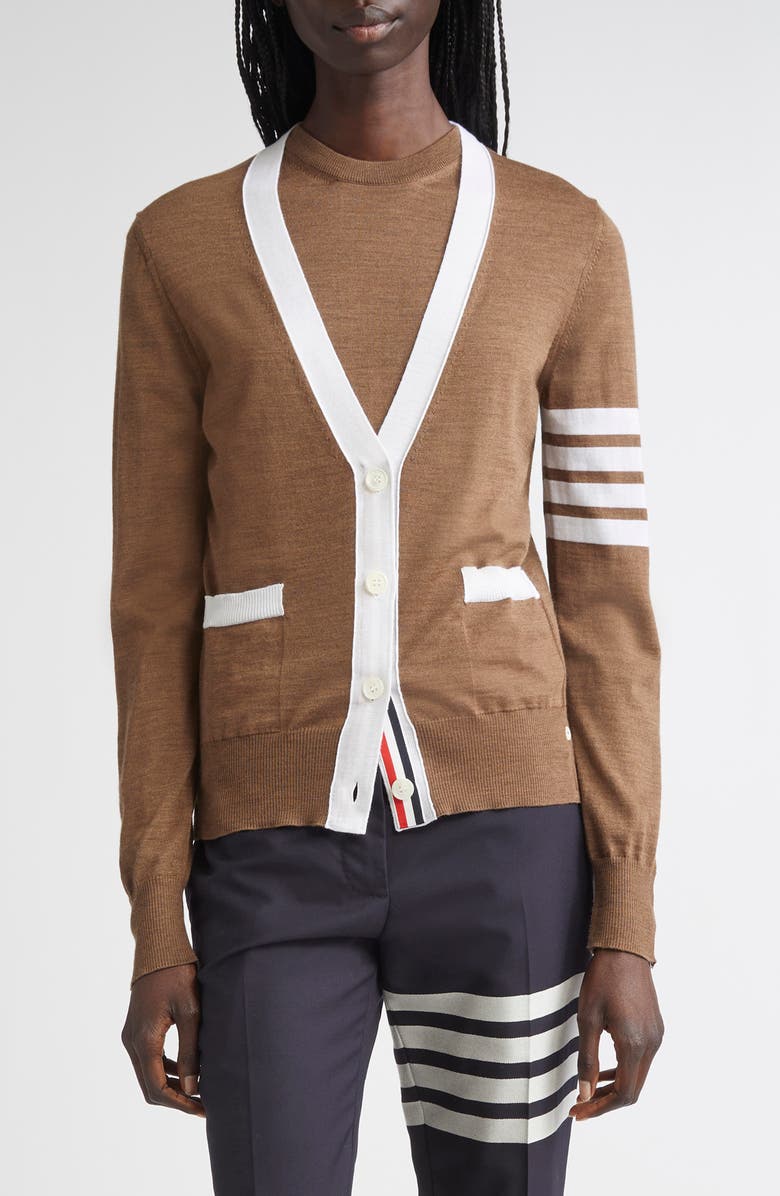 Thom Browne 4-Bar Relaxed Fit V-Neck Virgin Wool Cardigan, Main, color, Walnut