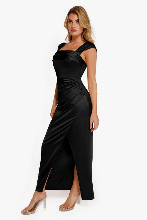 Popilush Shapewear Off Shoulder Shine Ruched Sculpting Maxi Dress In Midnight Black