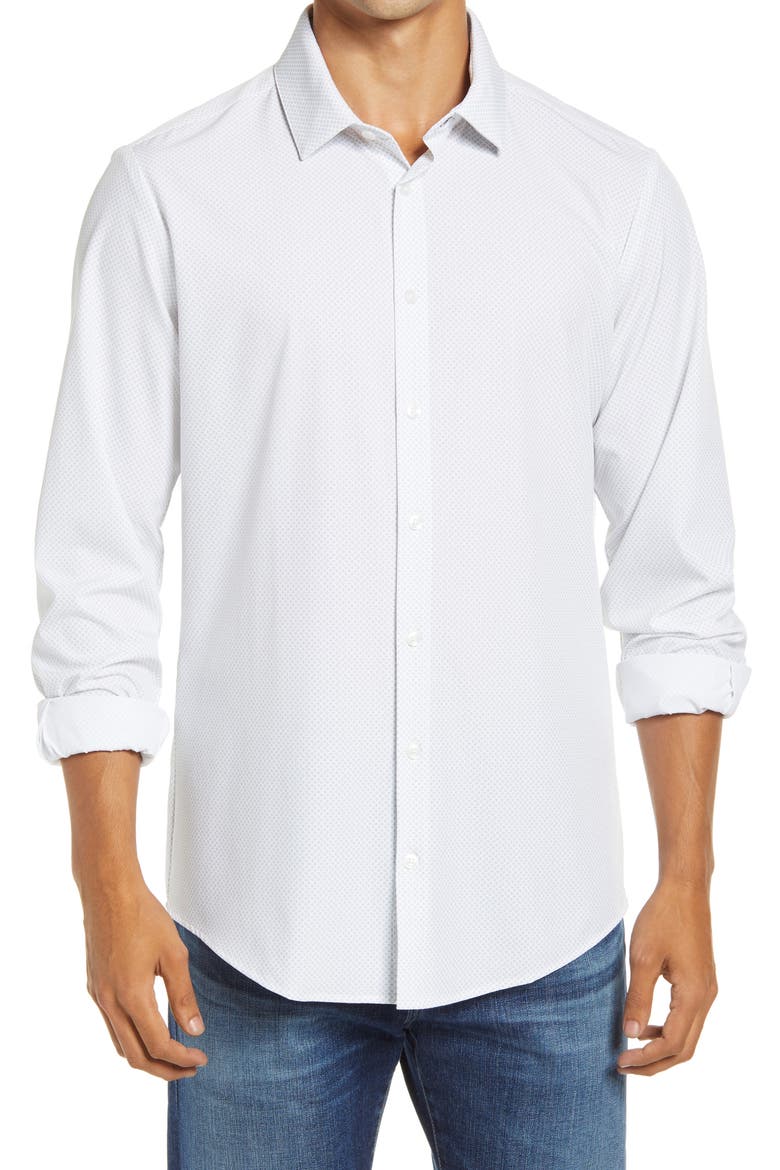 Leeward Trim Fit Ditsy Medallion Button-Up Performance Shirt, Main, color, WHITE GEO DOT PRINT