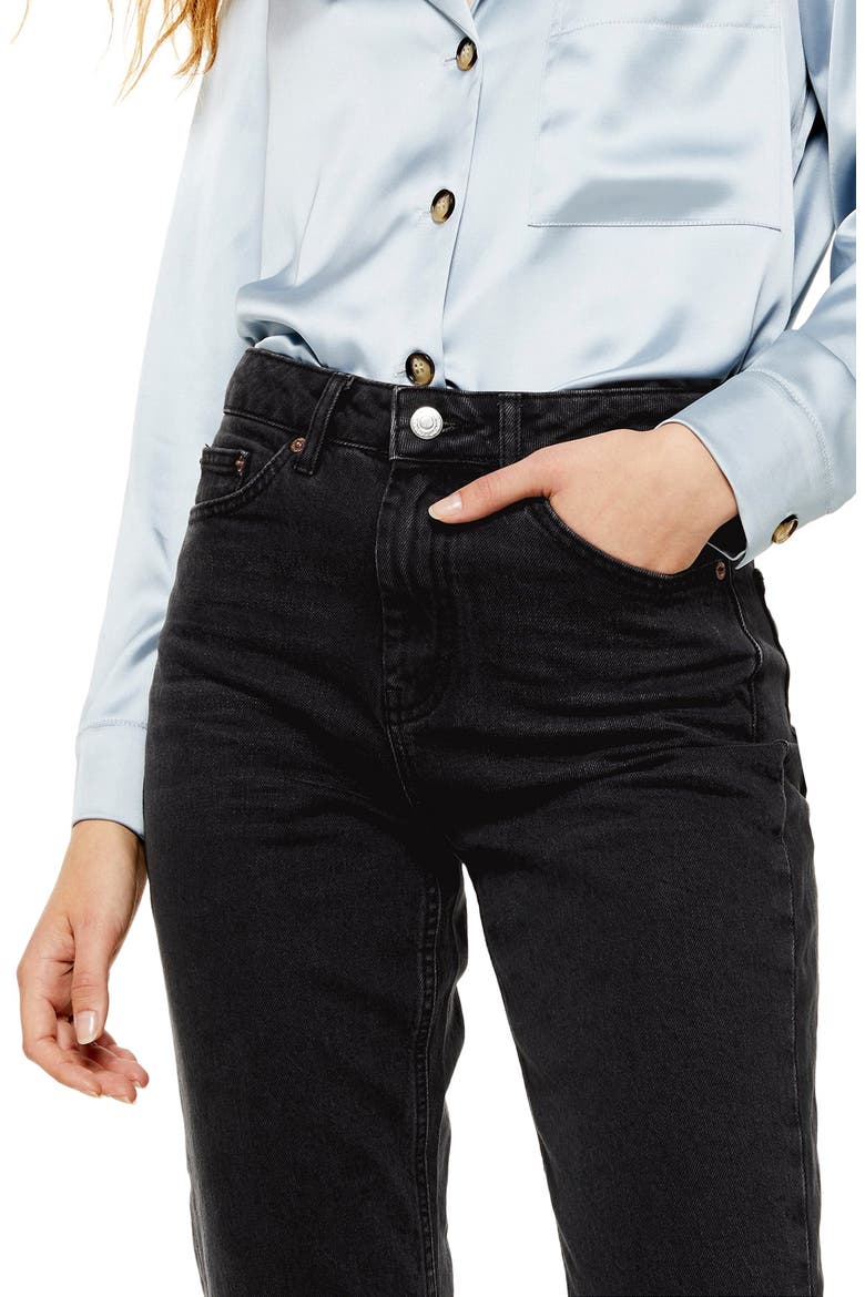 High Waist Split Hem Straight Leg Jeans, Alternate, color, WASHED BLACK