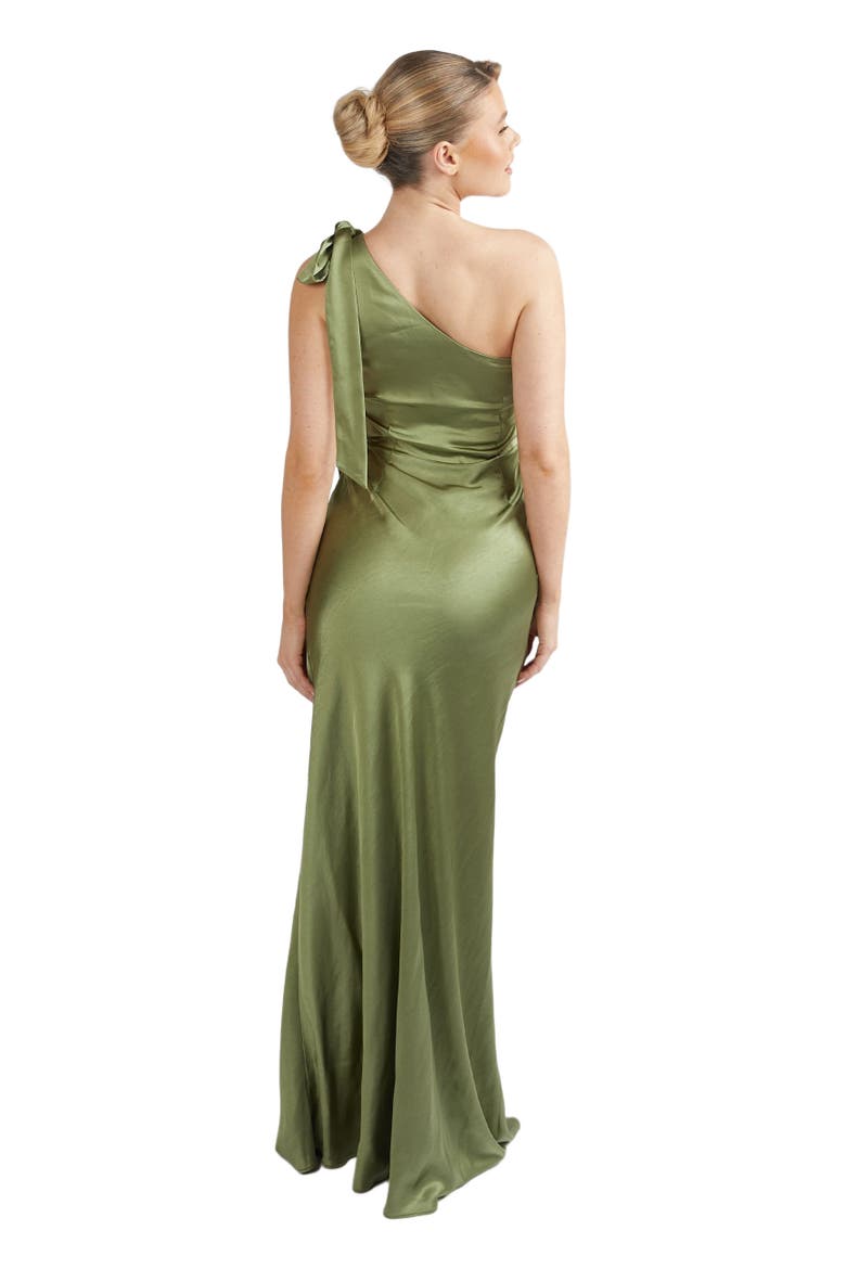 Bow One Shoulder Satin Bridesmaid Dress, Alternate, color, Moss Green