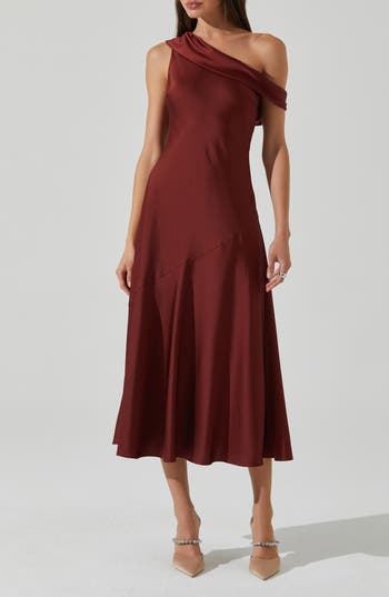 Astr The Label Orissa One-shoulder Satin Midi Dress In Brown