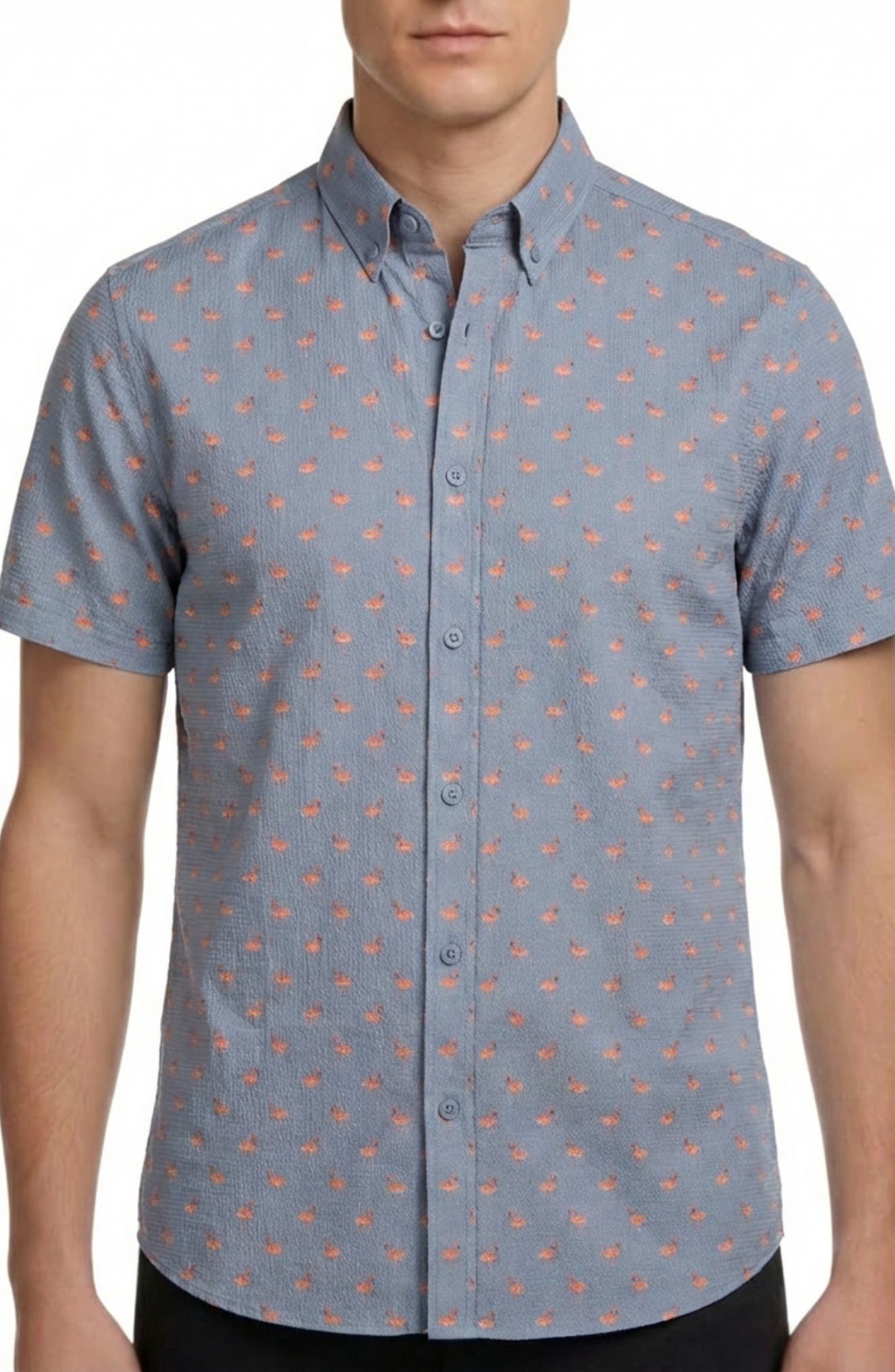 Report Collection Flamingo Print Short Sleeve Seersucker Button-Down Shirt