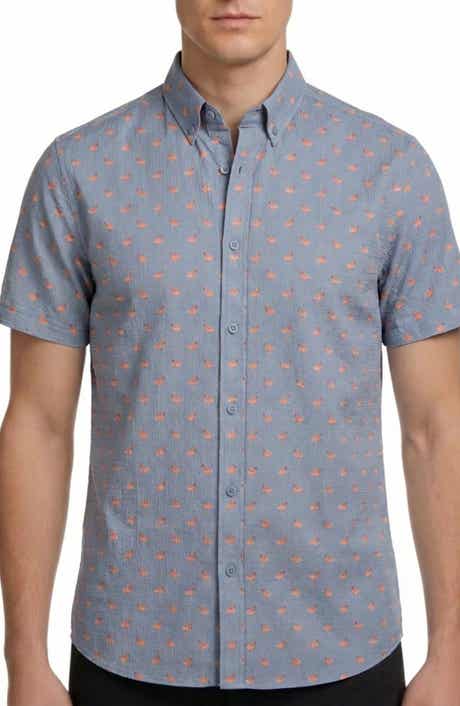 Report Collection Flamingo Print Short Sleeve Seersucker Button-Down Shirt
