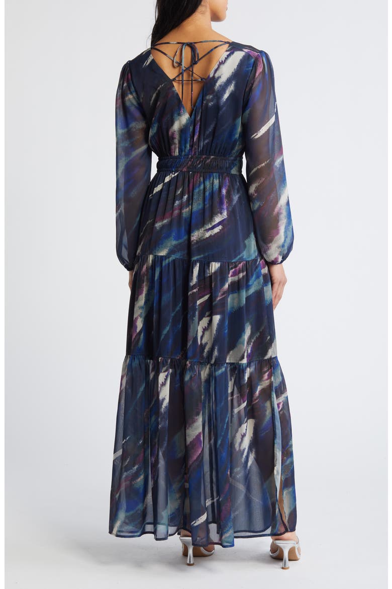 Print Long Sleeve Chiffon Maxi Dress, Alternate, color, NAVY MULTI WATERCOLOR