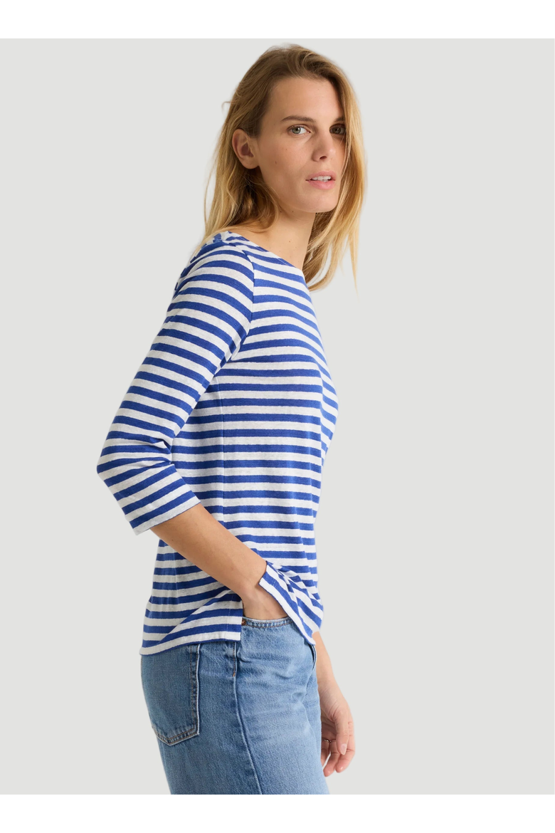 Stretch Linen Stripe Three Quarter Sleeve Boatneck T-Shirt, Alternate, color, ABYSS