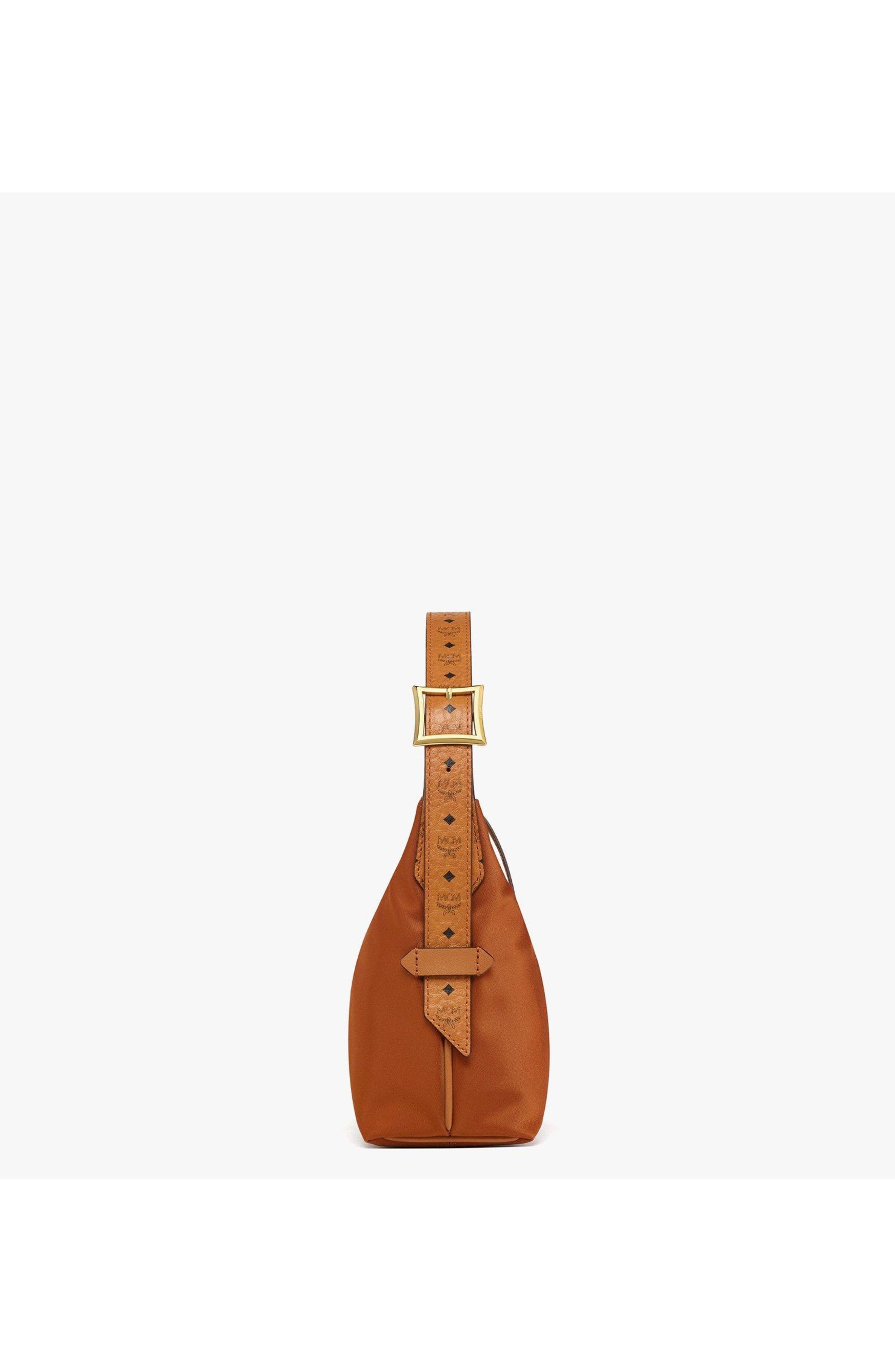 MCM Aren Hobo in Recycled Nylon and Monogram Print Leather, Alternate, color, Cognac