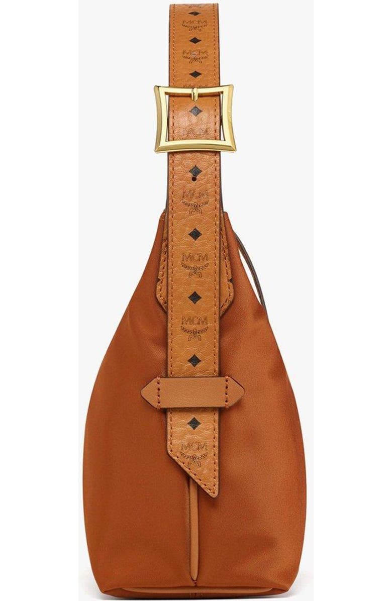 MCM Aren Hobo in Recycled Nylon and Monogram Print Leather, Alternate, color, Cognac