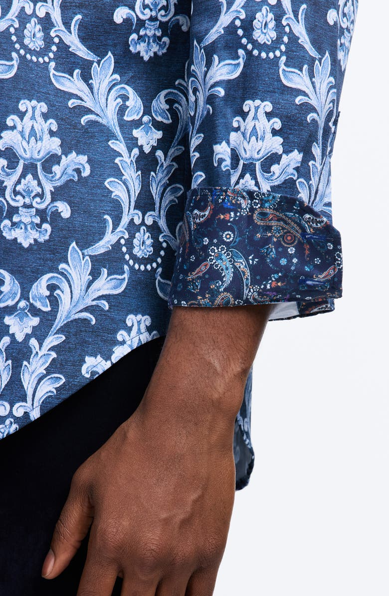 Robert Graham Neville Blue Damask Print Stretch Cotton Button-Up Shirt, Alternate, color, Navy